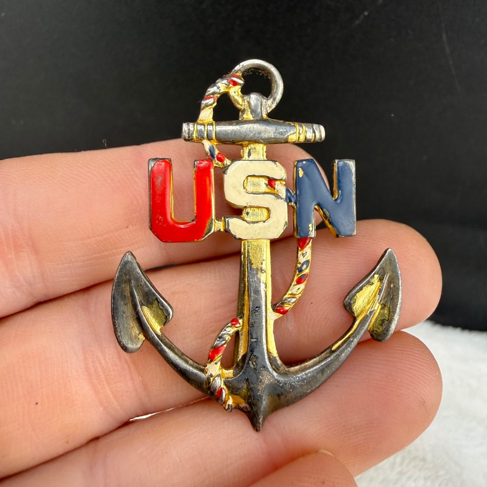 Vintage Sterling Silver USN Anchor Pin Brooch Red White Blue Enamel READ